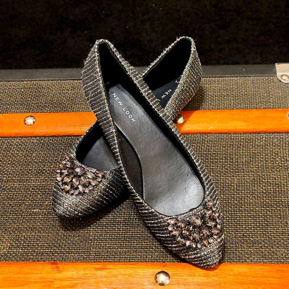 Grey Jeweled Brocade Flats